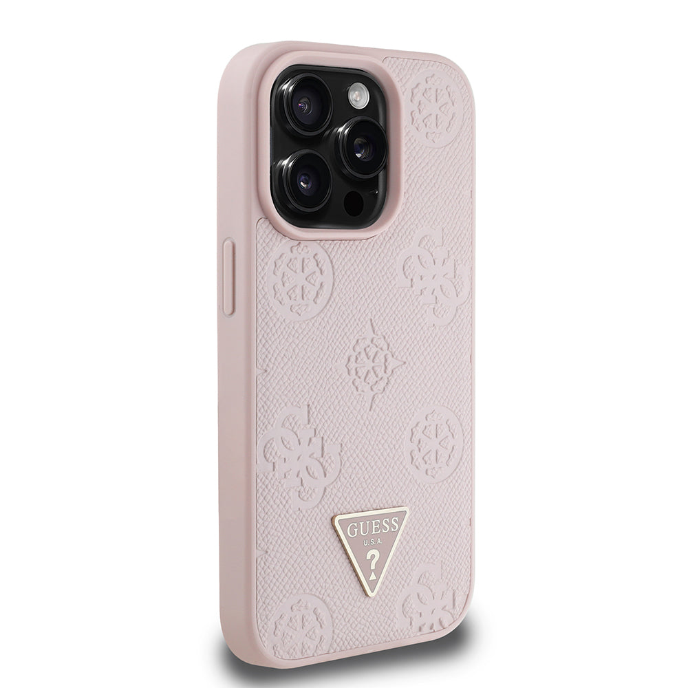 Apple iPhone 15 Pro Max Case Guess Original Licensed M-Safe Charging Feature Hot Printed Triangle Logo PU Leather Peony Cover Black