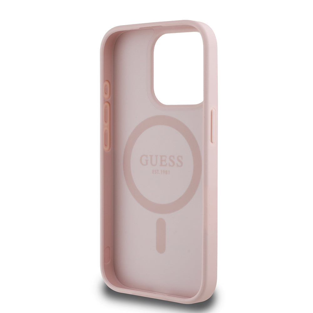 Apple iPhone 15 Pro Max Case Guess Original Licensed M-safe Charging Feature Hot Printed Triangle Logo PU Leather Peony Cover Beige