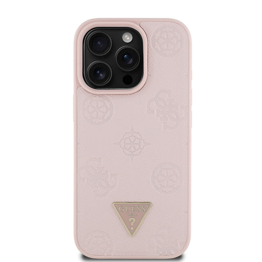 Apple iPhone 15 Pro Max Case Guess Original Licensed M-Safe Charging Feature Hot Printed Triangle Logo PU Leather Peony Cover Pink