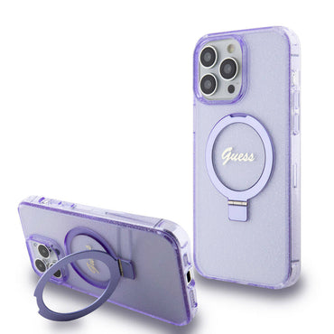 Apple iPhone 15 Pro Max Case Guess Original Licensed M-safe Charging Feature Glitter Back Surface Ring Stand Cover Purple 