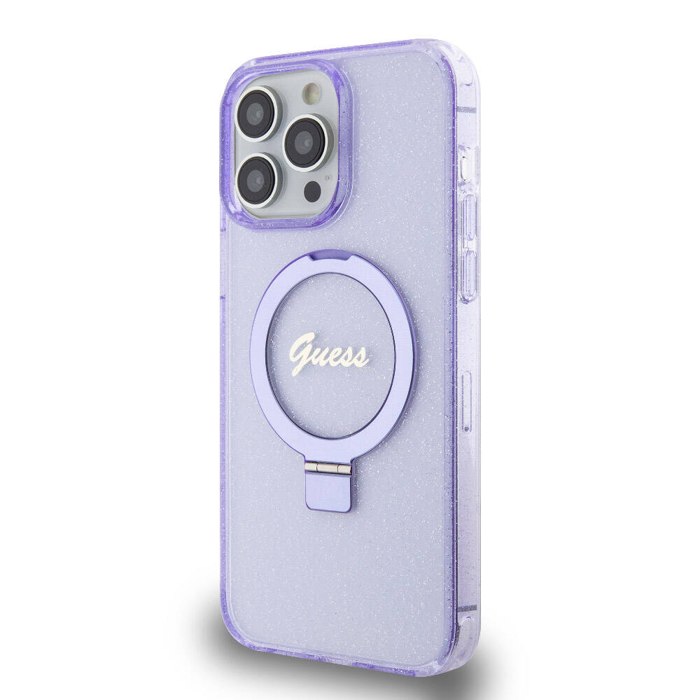 Apple iPhone 15 Pro Max Case Guess Original Licensed M-safe Charging Feature Glittery Back Surface Ring Stand Cover Colorless 