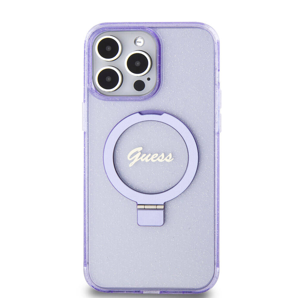 Apple iPhone 15 Pro Max Case Guess Original Licensed M-safe Charging Feature Glitter Back Surface Ring Stand Cover Pink 