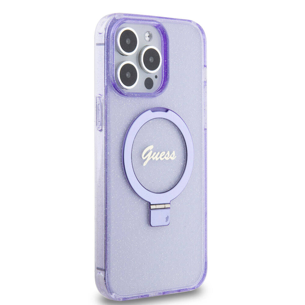 Apple iPhone 15 Pro Max Case Guess Original Licensed M-safe Charging Feature Glittery Back Surface Ring Stand Cover Colorless 