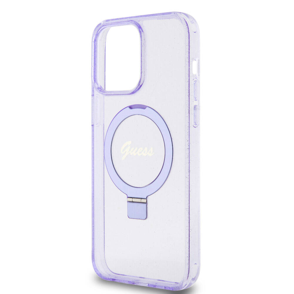 Apple iPhone 15 Pro Max Case Guess Original Licensed M-safe Charging Feature Glitter Back Surface Ring Stand Cover Pink 