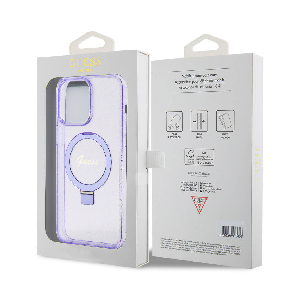 Apple iPhone 15 Pro Max Case Guess Original Licensed M-safe Charging Feature Glitter Back Surface Ring Stand Cover Purple 