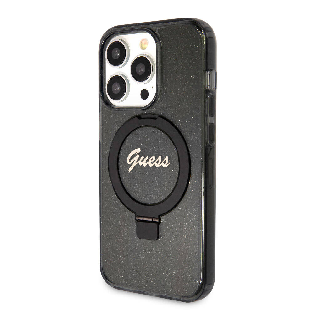 Apple iPhone 15 Pro Max Case Guess Original Licensed M-safe Charging Feature Glitter Back Surface Ring Stand Cover Black 