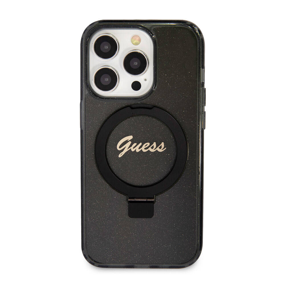 Apple iPhone 15 Pro Max Case Guess Original Licensed M-safe Charging Feature Glitter Back Surface Ring Stand Cover Black 
