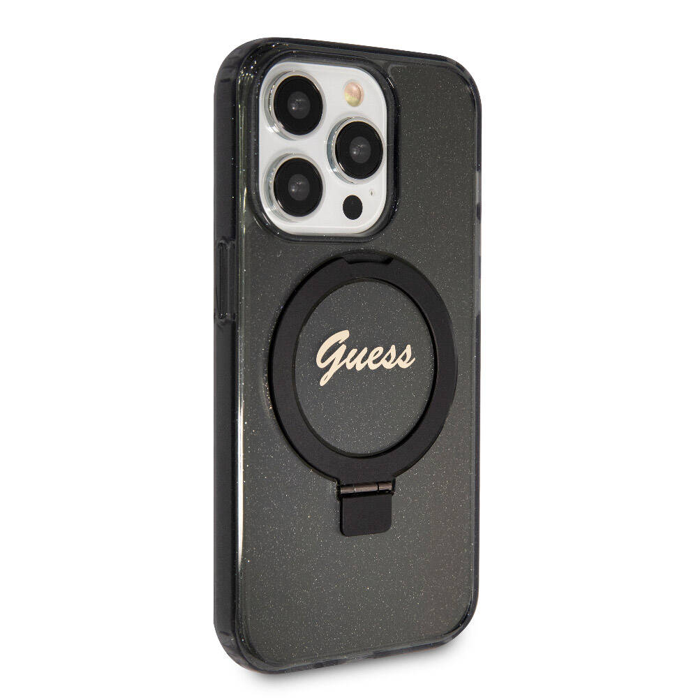 Apple iPhone 15 Pro Max Case Guess Original Licensed M-safe Charging Feature Glitter Back Surface Ring Stand Cover Black 