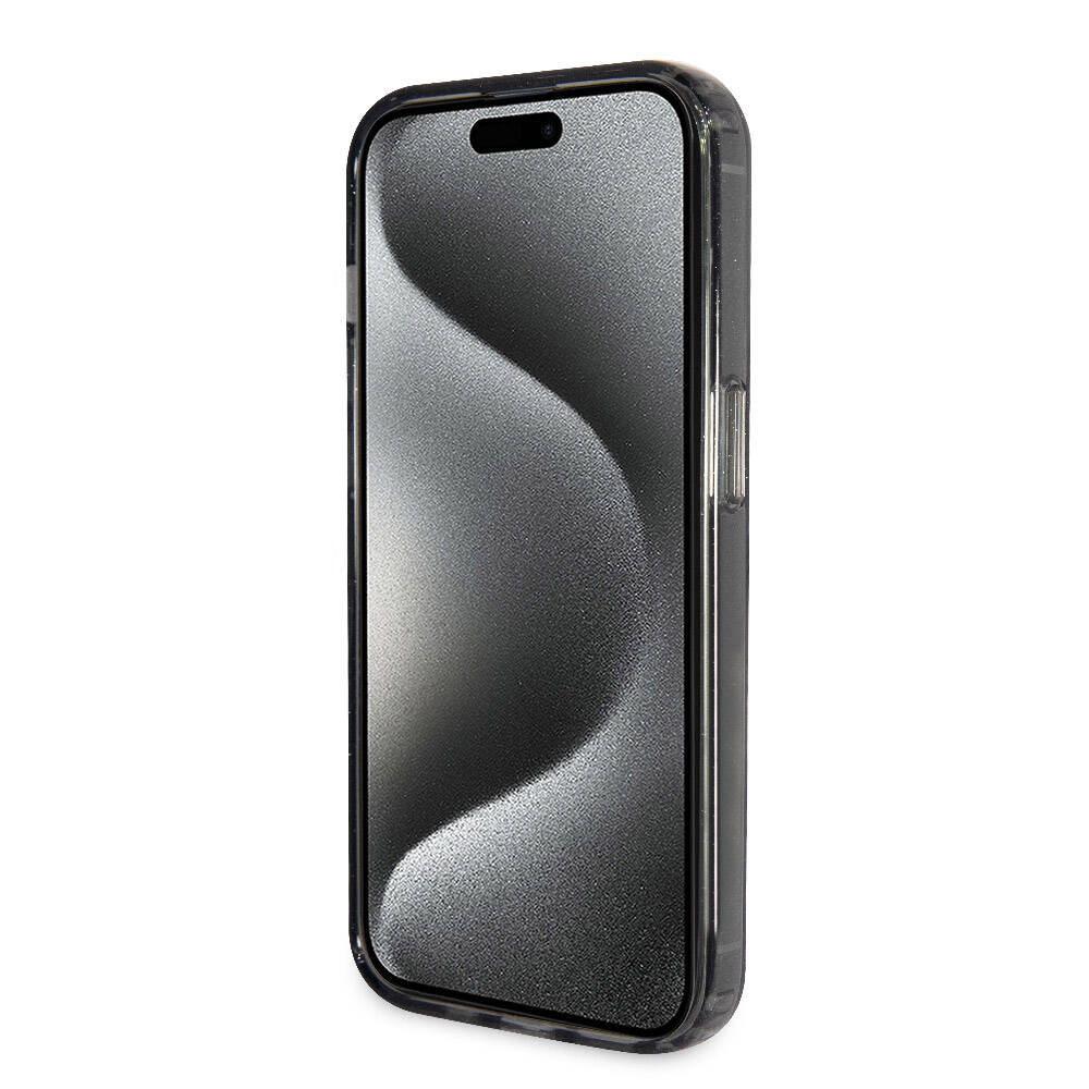 Apple iPhone 15 Pro Max Case Guess Original Licensed M-safe Charging Feature Glitter Back Surface Ring Stand Cover Black 