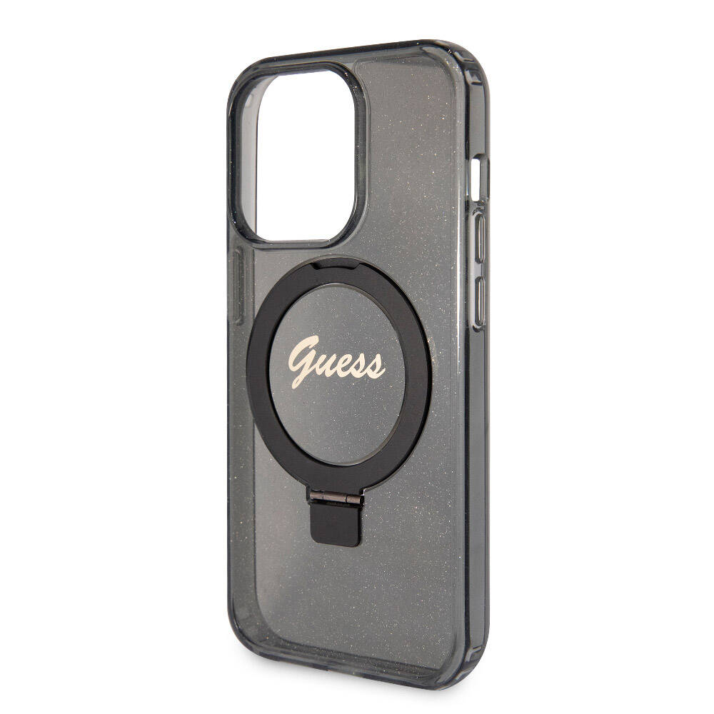 Apple iPhone 15 Pro Max Case Guess Original Licensed M-safe Charging Feature Glitter Back Surface Ring Stand Cover Black 