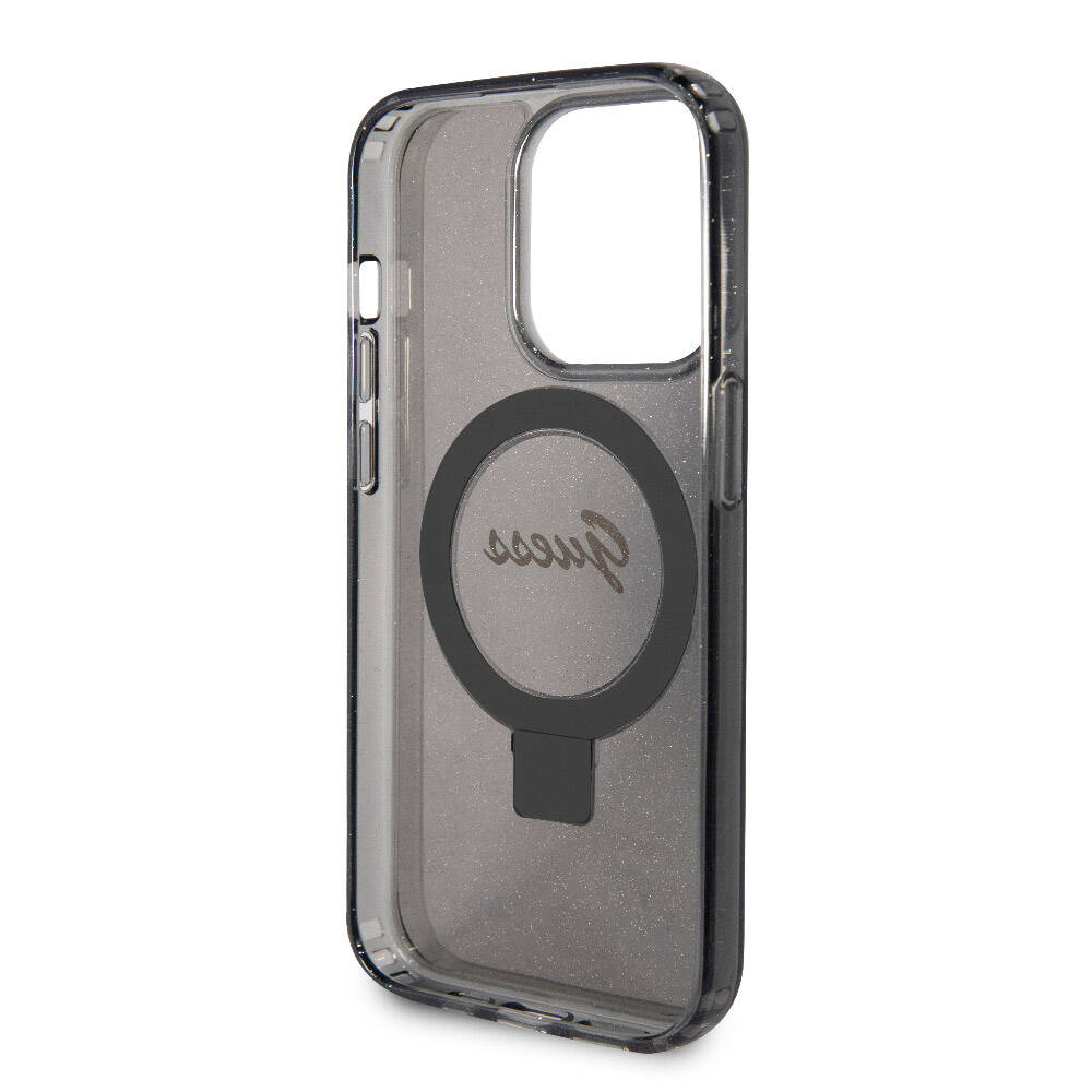 Apple iPhone 15 Pro Max Case Guess Original Licensed M-safe Charging Feature Glitter Back Surface Ring Stand Cover Black 