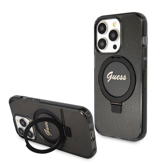 Apple iPhone 15 Pro Max Case Guess Original Licensed M-safe Charging Feature Glitter Back Surface Ring Stand Cover Black 