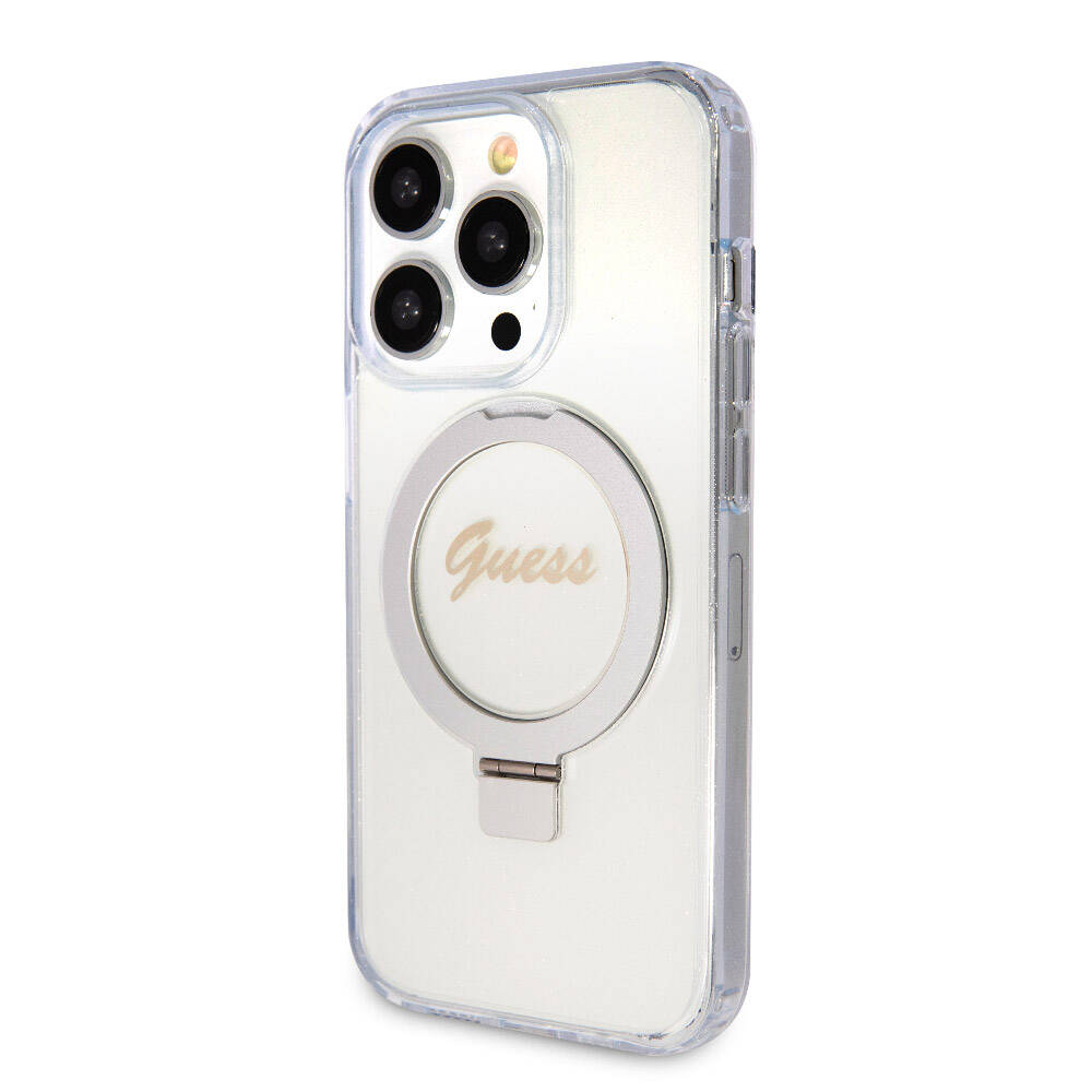 Apple iPhone 15 Pro Max Case Guess Original Licensed M-safe Charging Feature Glitter Back Surface Ring Stand Cover Black 
