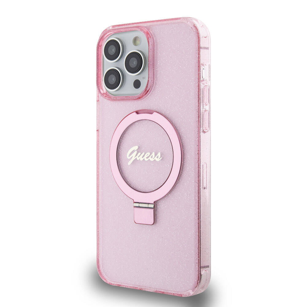 Apple iPhone 15 Pro Max Case Guess Original Licensed M-safe Charging Feature Glitter Back Surface Ring Stand Cover Black 