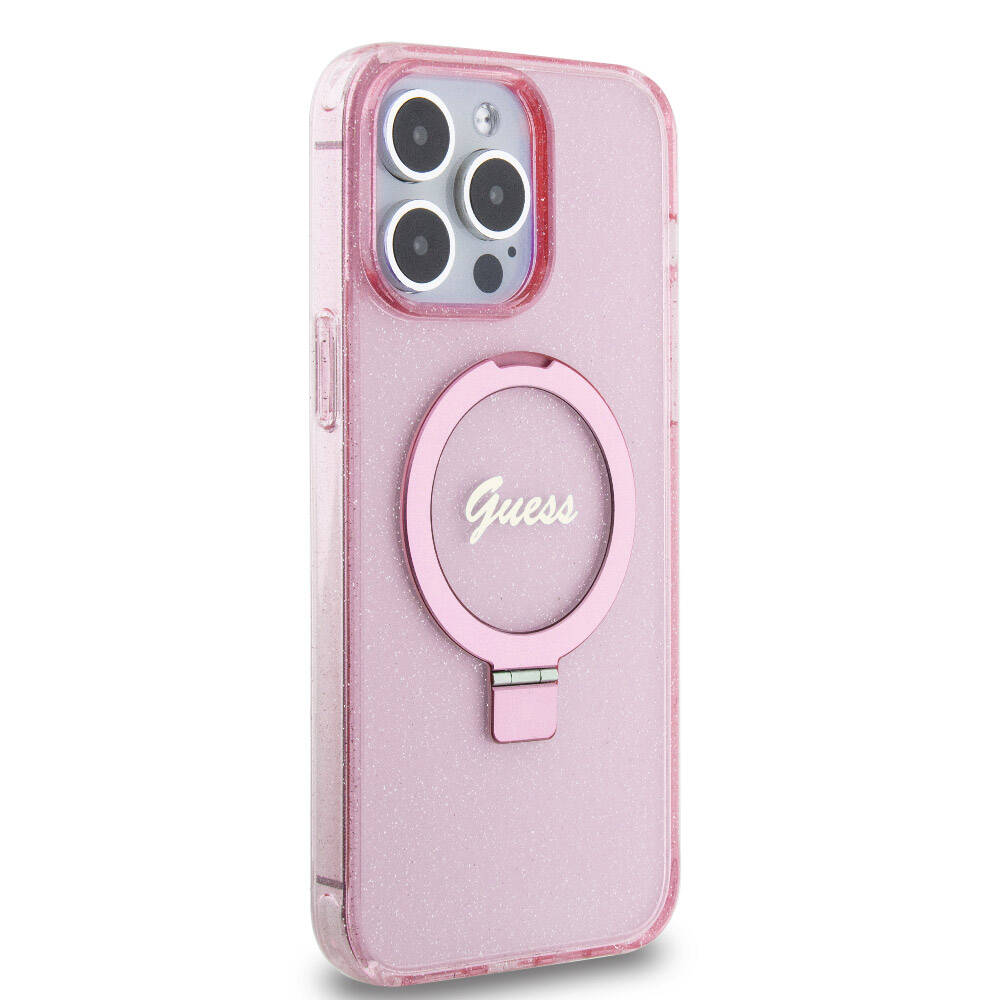 Apple iPhone 15 Pro Max Case Guess Original Licensed M-safe Charging Feature Glitter Back Surface Ring Stand Cover Black 