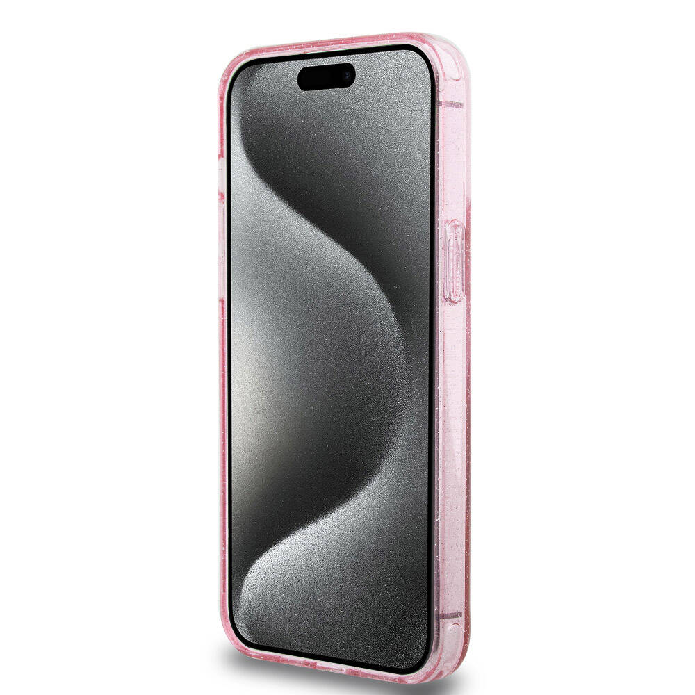 Apple iPhone 15 Pro Max Case Guess Original Licensed M-safe Charging Feature Glitter Back Surface Ring Stand Cover Black 
