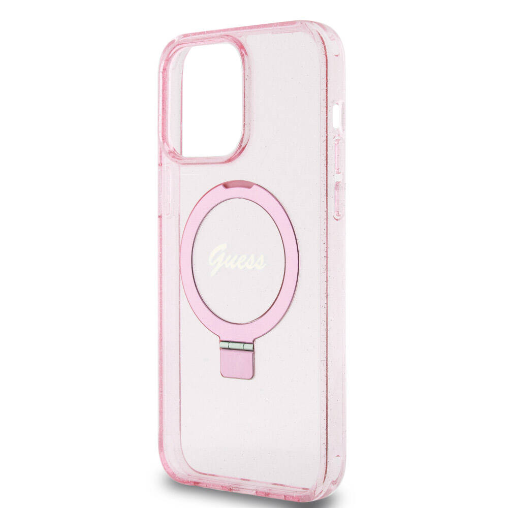 Apple iPhone 15 Pro Max Case Guess Original Licensed M-safe Charging Feature Glitter Back Surface Ring Stand Cover Black 