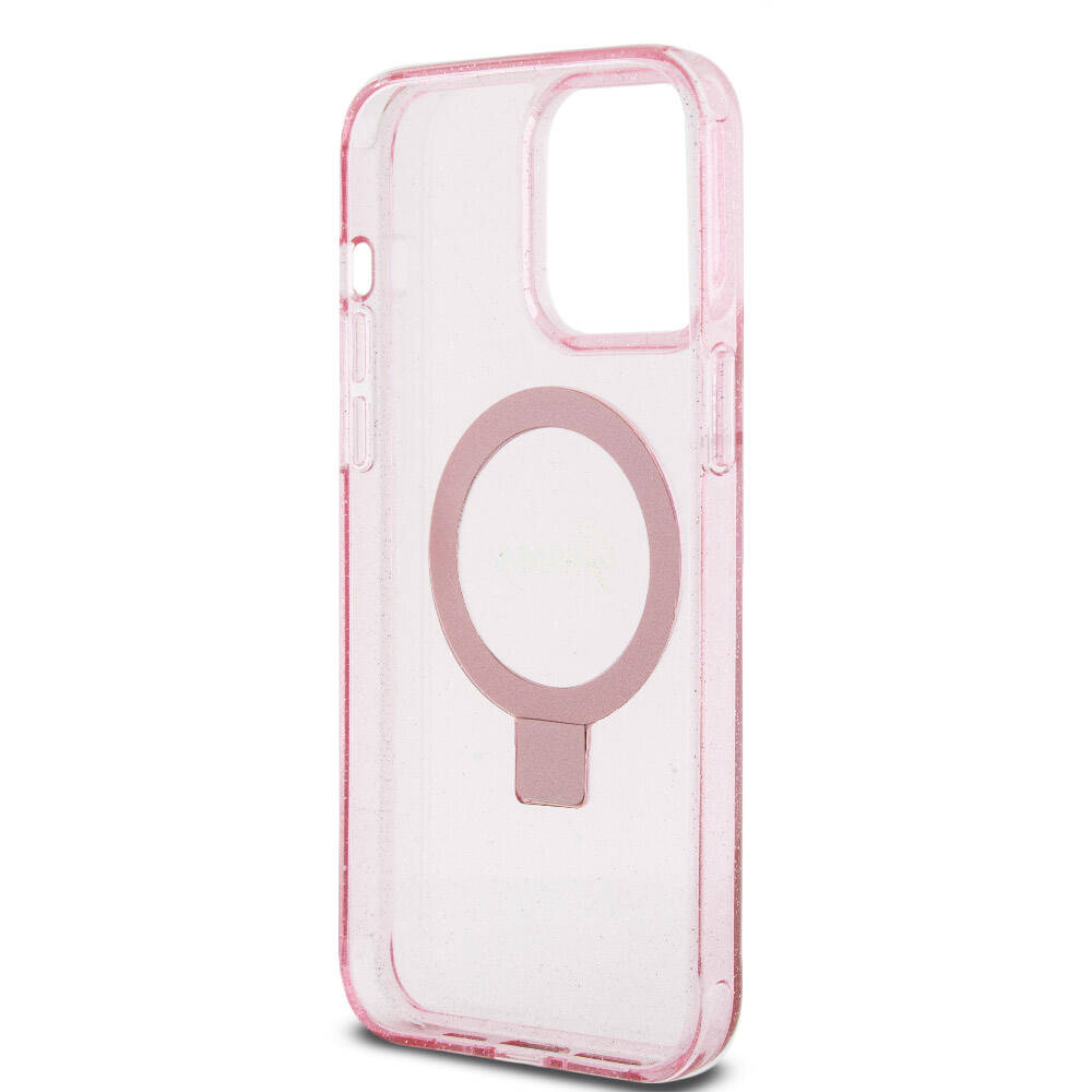 Apple iPhone 15 Pro Max Case Guess Original Licensed M-safe Charging Feature Glitter Back Surface Ring Stand Cover Black 