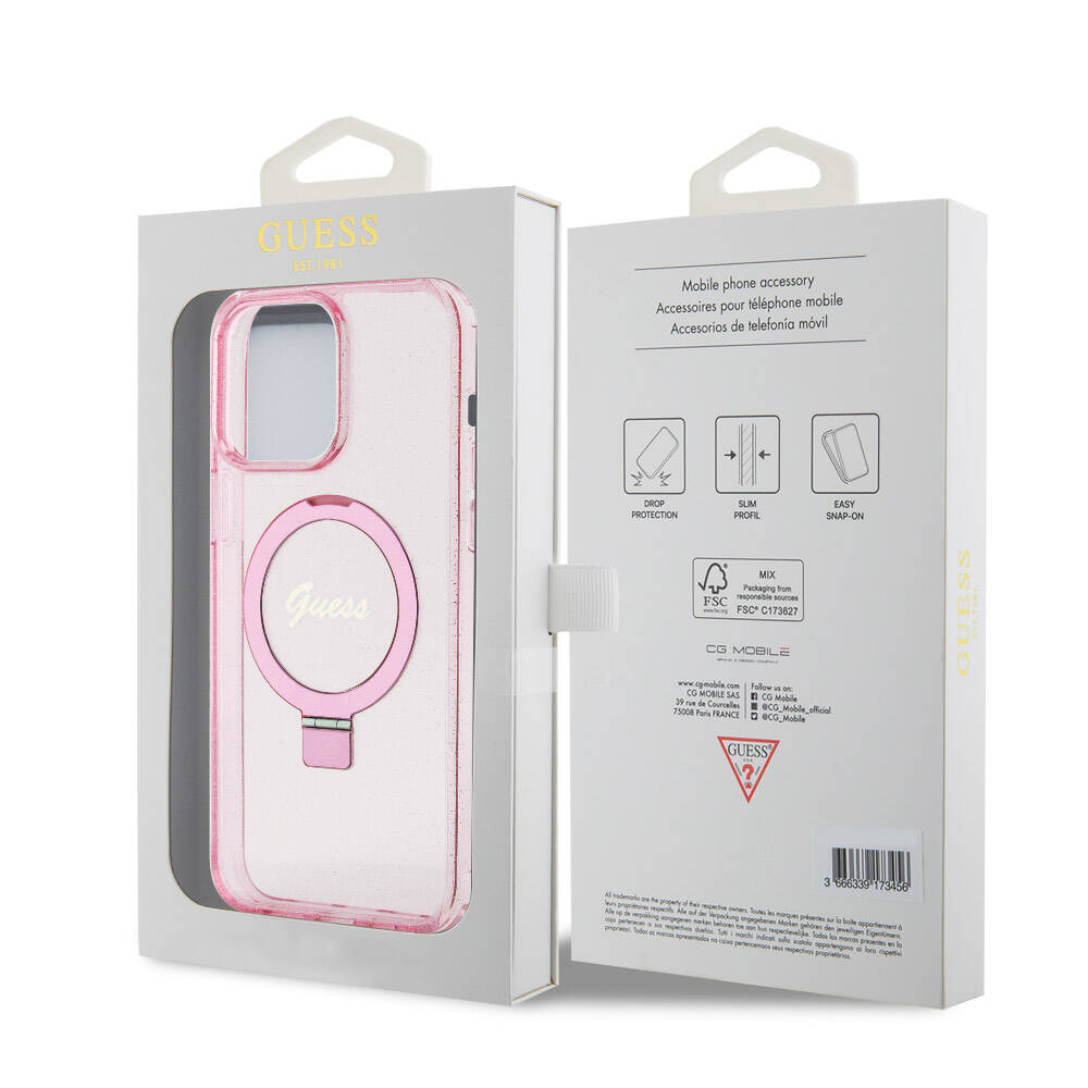Apple iPhone 15 Pro Max Case Guess Original Licensed M-safe Charging Feature Glitter Back Surface Ring Stand Cover Pink 