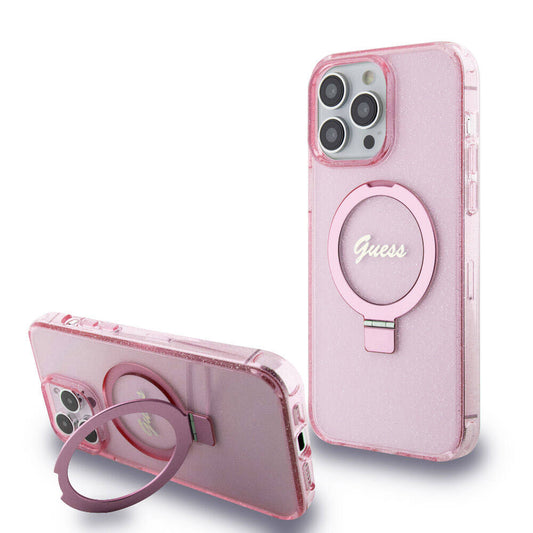 Apple iPhone 15 Pro Max Case Guess Original Licensed M-safe Charging Feature Glitter Back Surface Ring Stand Cover Pink 