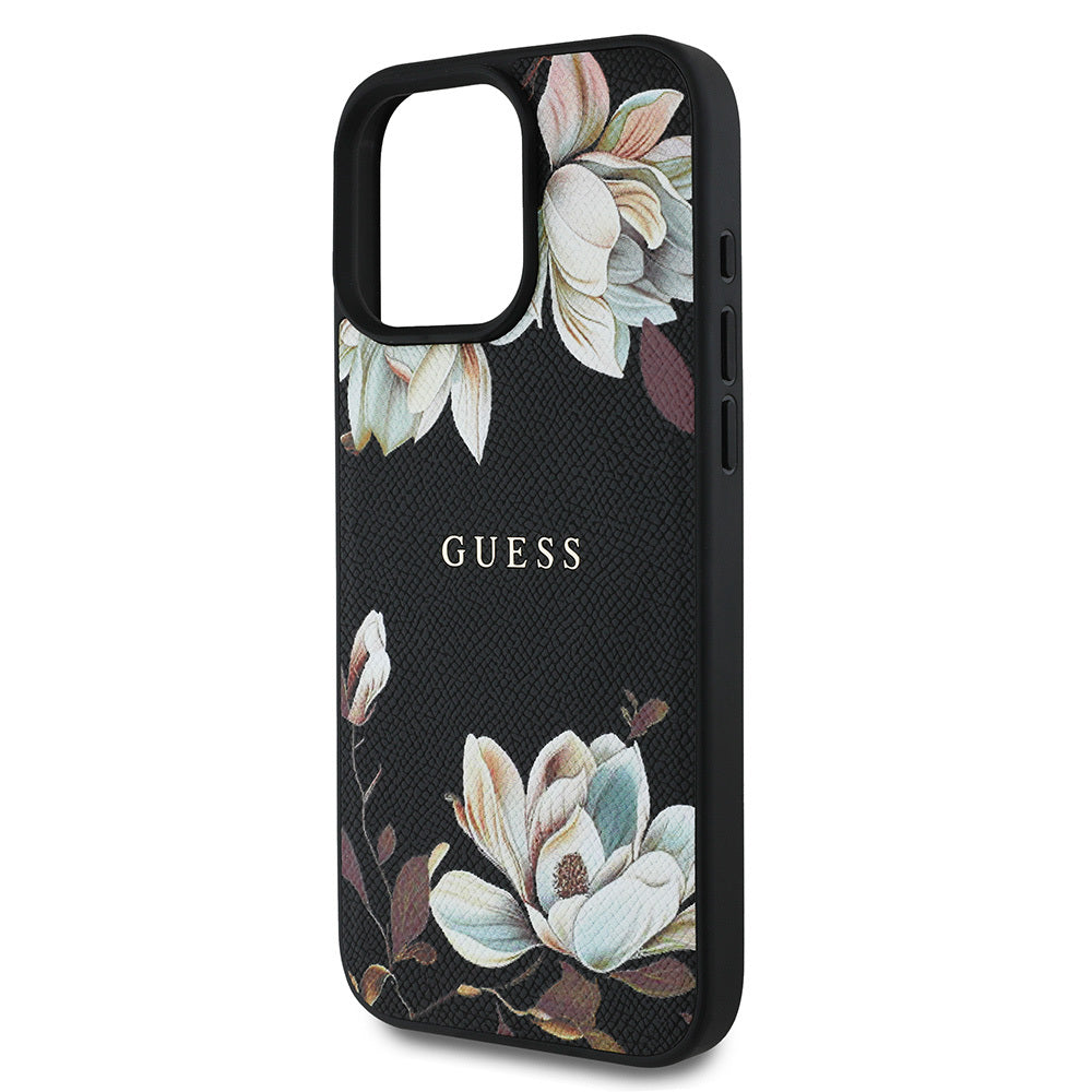 Apple iPhone 15 Pro Max Case Guess Original Licensed M-safe Charging Feature Grained Flower Design Metal Lettering Logo Cover Red