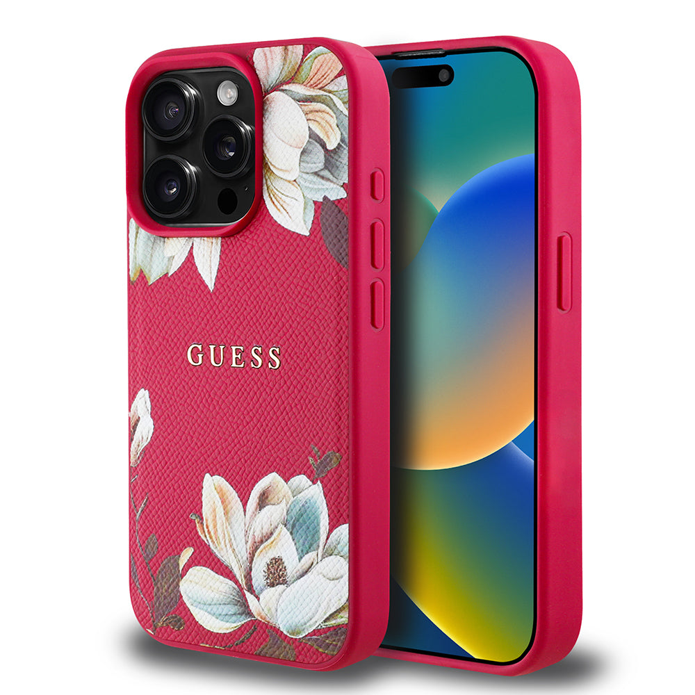 Apple iPhone 15 Pro Max Case Guess Original Licensed M-safe Charging Feature Grained Flower Design Metal Lettering Logo Cover Pink