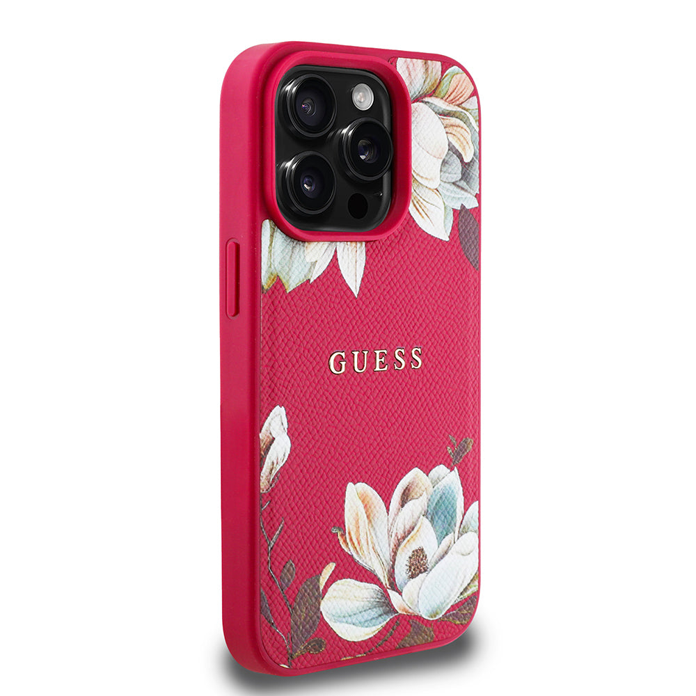 Apple iPhone 15 Pro Max Case Guess Original Licensed M-safe Charging Feature Grained Flower Design Metal Lettering Logo Cover Pink
