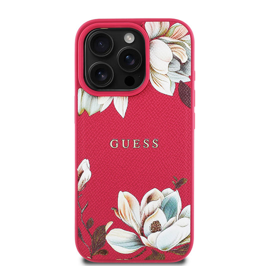 Apple iPhone 15 Pro Max Case Guess Original Licensed M-safe Charging Feature Grained Flower Design Metal Lettering Logo Cover Red