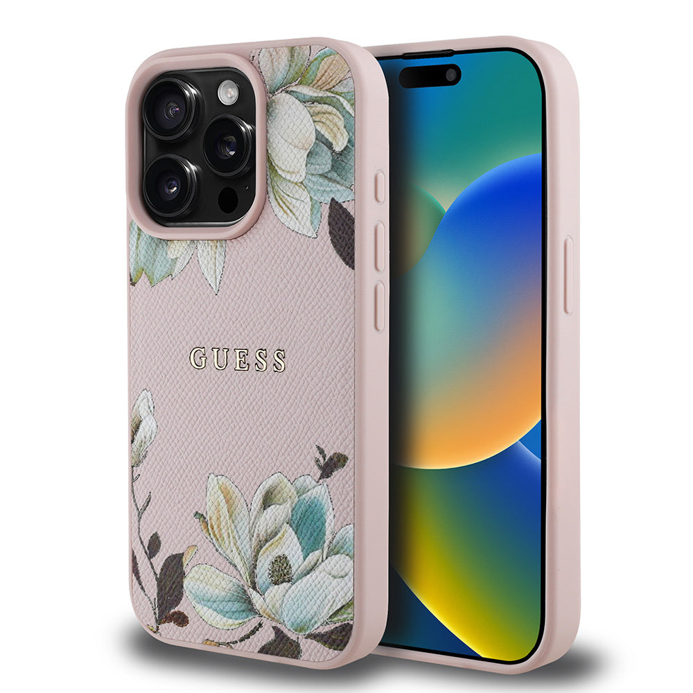 Apple iPhone 15 Pro Max Case Guess Original Licensed M-safe Charging Feature Grained Flower Design Metal Lettering Logo Cover Red