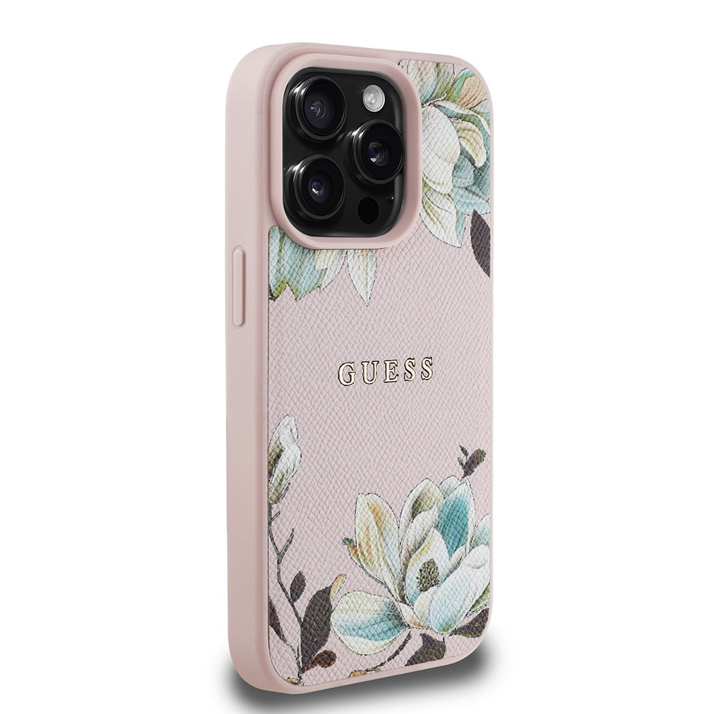 Apple iPhone 15 Pro Max Case Guess Original Licensed M-safe Charging Feature Grained Flower Design Metal Lettering Logo Cover Red