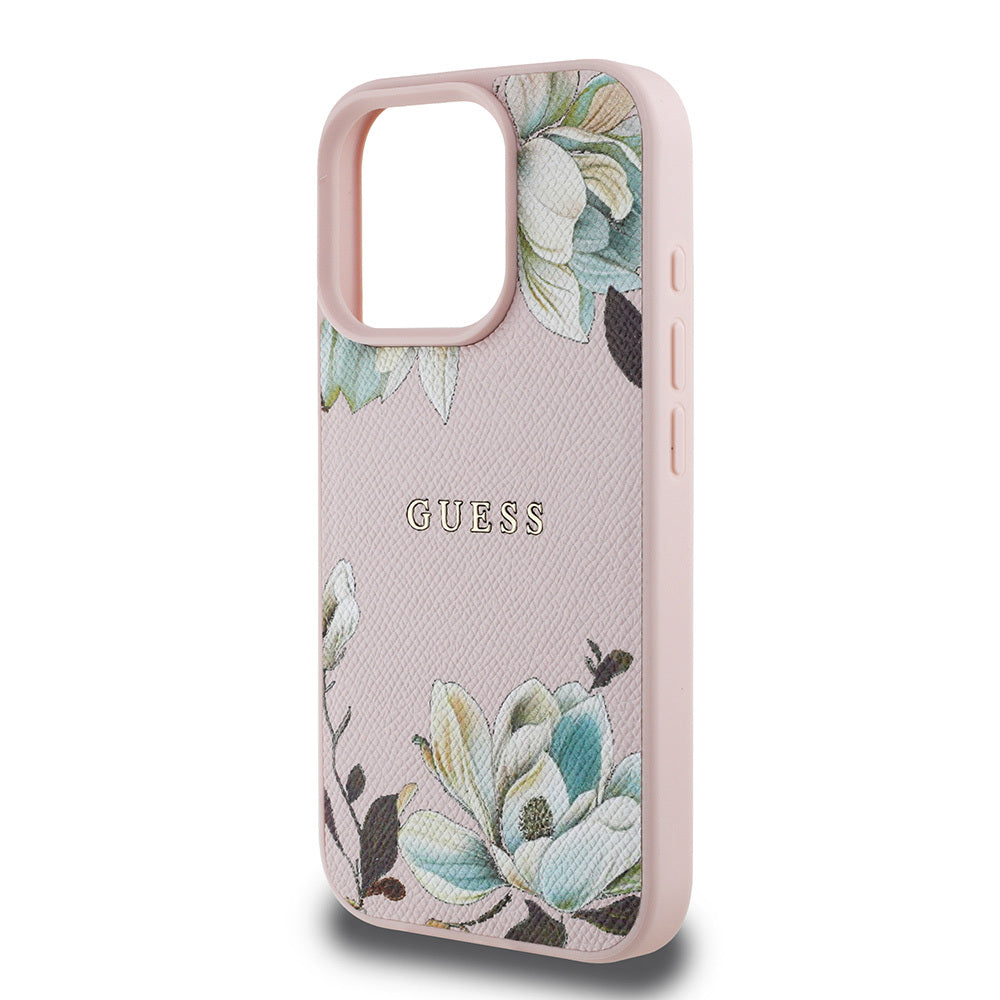 Apple iPhone 15 Pro Max Case Guess Original Licensed M-safe Charging Feature Grained Flower Design Metal Lettering Logo Cover Pink