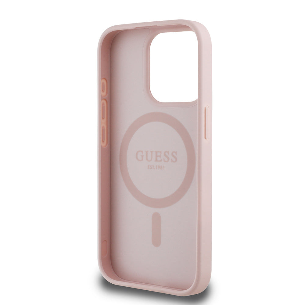 Apple iPhone 15 Pro Max Case Guess Original Licensed M-safe Charging Feature Grained Flower Design Metal Lettering Logo Cover Pink