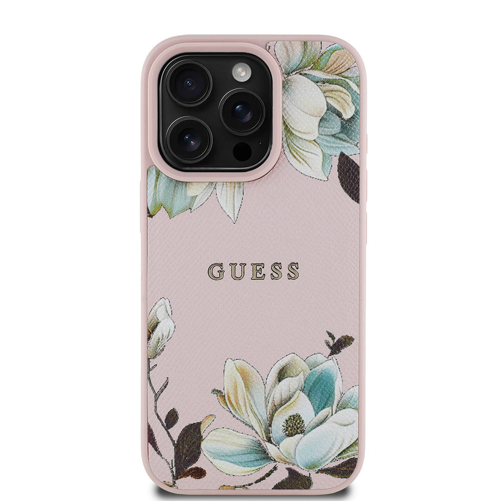 Apple iPhone 15 Pro Max Case Guess Original Licensed M-safe Charging Feature Grained Flower Design Metal Lettering Logo Cover Pink