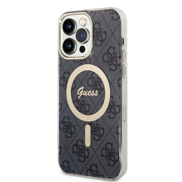 Apple iPhone 15 Pro Max Case Guess Original Licensed M-safe Charging Feature 4G Patterned Cover with Text Logo Brown