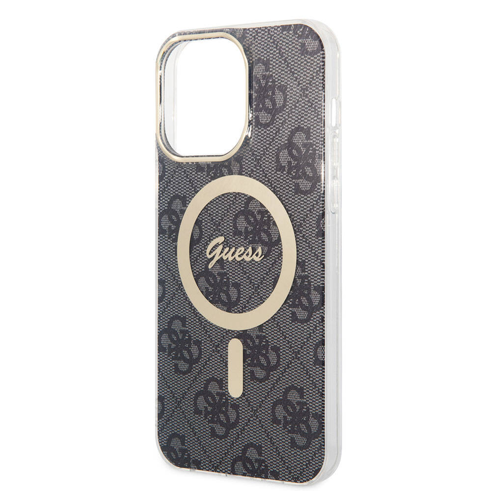 Apple iPhone 15 Pro Max Case Guess Original Licensed M-safe Charging Feature 4G Patterned Cover with Text Logo Brown