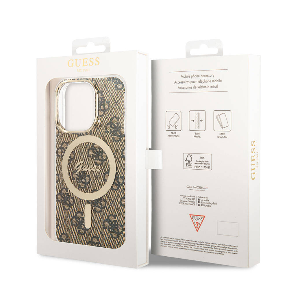 Apple iPhone 15 Pro Max Case Guess Original Licensed M-safe Charging Feature 4G Patterned Cover with Text Logo Brown