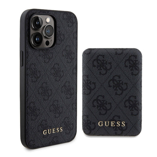 Apple iPhone 15 Pro Max Case Guess Original Licensed M-safe Charging Feature Text Logo 4G Patterned Cover + Powerbank 5000mAh 2in1 Set Black 