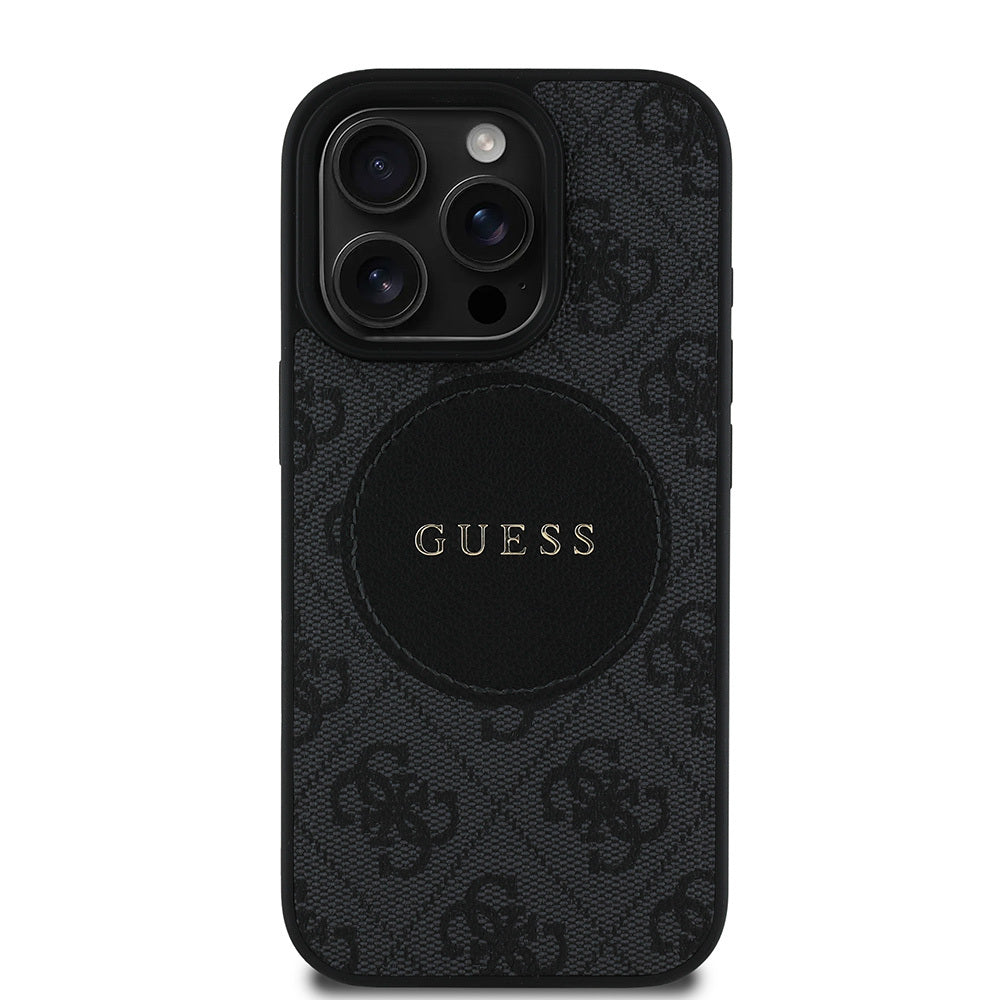 Apple iPhone 15 Pro Max Case Guess Original Licensed M-safe Charging Feature Circle Classic Cover Brown with Text Logo