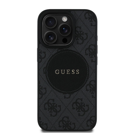 Apple iPhone 15 Pro Max Case Guess Original Licensed M-safe Charging Feature Circle Classic Cover with Text Logo Black