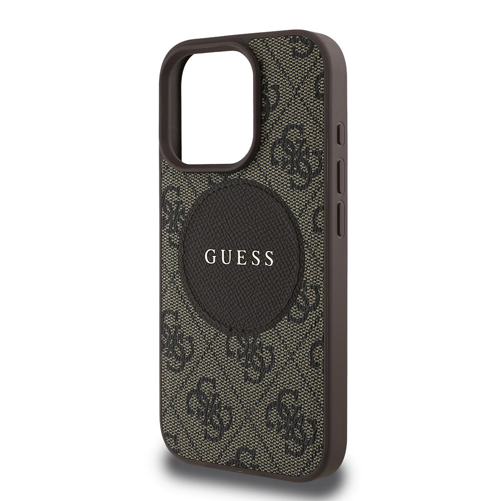 Apple iPhone 15 Pro Max Case Guess Original Licensed M-safe Charging Feature Circle Classic Cover Brown with Text Logo