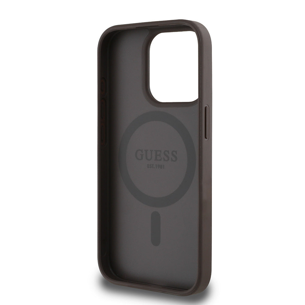 Apple iPhone 15 Pro Max Case Guess Original Licensed M-safe Charging Feature Circle Classic Cover Brown with Text Logo