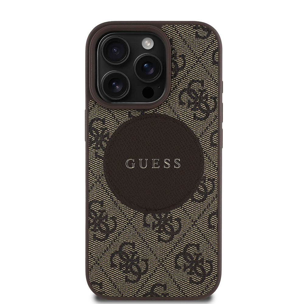 Apple iPhone 15 Pro Max Case Guess Original Licensed M-safe Charging Feature Circle Classic Cover Brown with Text Logo