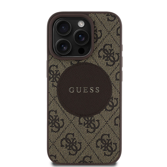 Apple iPhone 15 Pro Max Case Guess Original Licensed M-safe Charging Feature Circle Classic Cover Brown with Text Logo