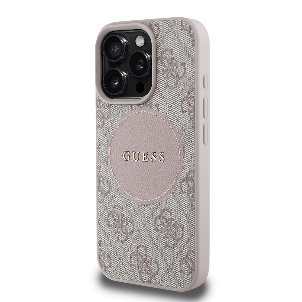 Apple iPhone 15 Pro Max Case Guess Original Licensed M-safe Charging Feature Circle Classic Cover Brown with Text Logo