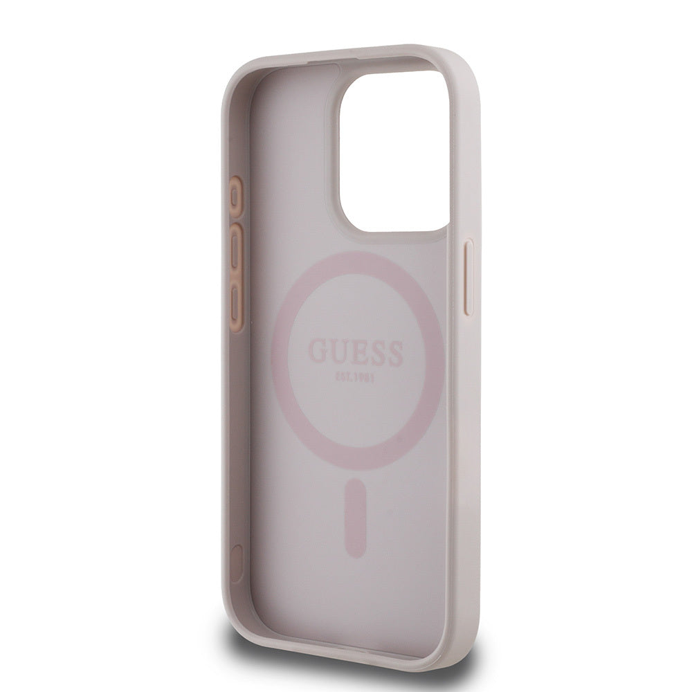 Apple iPhone 15 Pro Max Case Guess Original Licensed M-safe Charging Feature Circle Classic Cover Brown with Text Logo