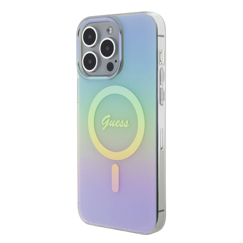 Apple iPhone 15 Pro Max Case Guess Original Licensed M-safe Charging Feature Iridescent Cover Purple with Text Logo
