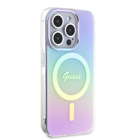 Apple iPhone 15 Pro Max Case Guess Original Licensed M-safe Charging Feature Iridescent Cover Purple with Text Logo