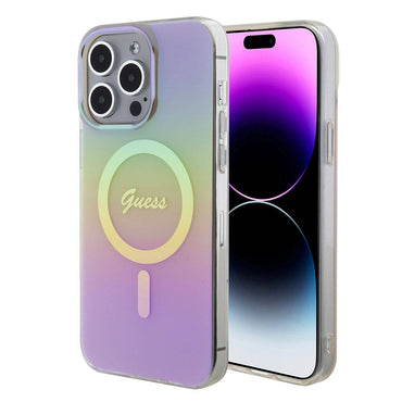 Apple iPhone 15 Pro Max Case Guess Original Licensed M-safe Charging Feature Iridescent Cover Purple with Text Logo