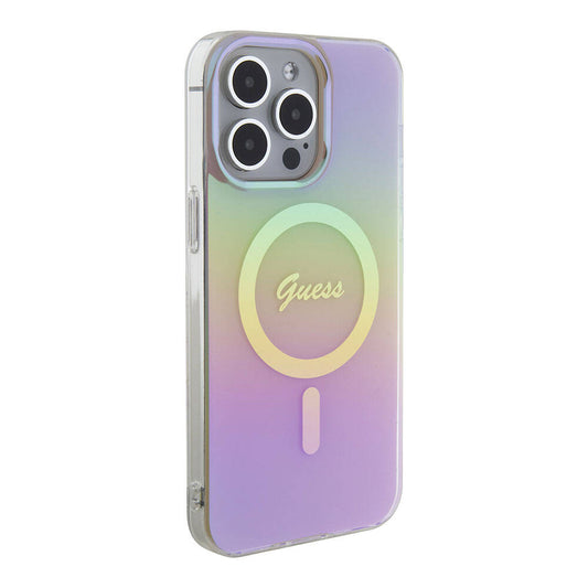 Apple iPhone 15 Pro Max Case Guess Original Licensed M-safe Charging Feature Iridescent Cover Pink with Text Logo