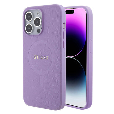 Apple iPhone 15 Pro Max Case Guess Original Licensed M-safe Charging Feature Saffiano Cover Pink with Text Logo